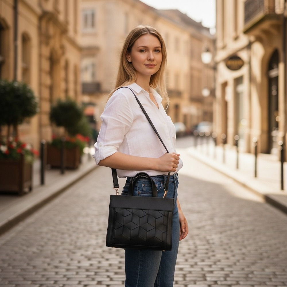 Welden Black Leather Woven Geometric 3D Cube Crossbody Satchel Bag Gold Hardware